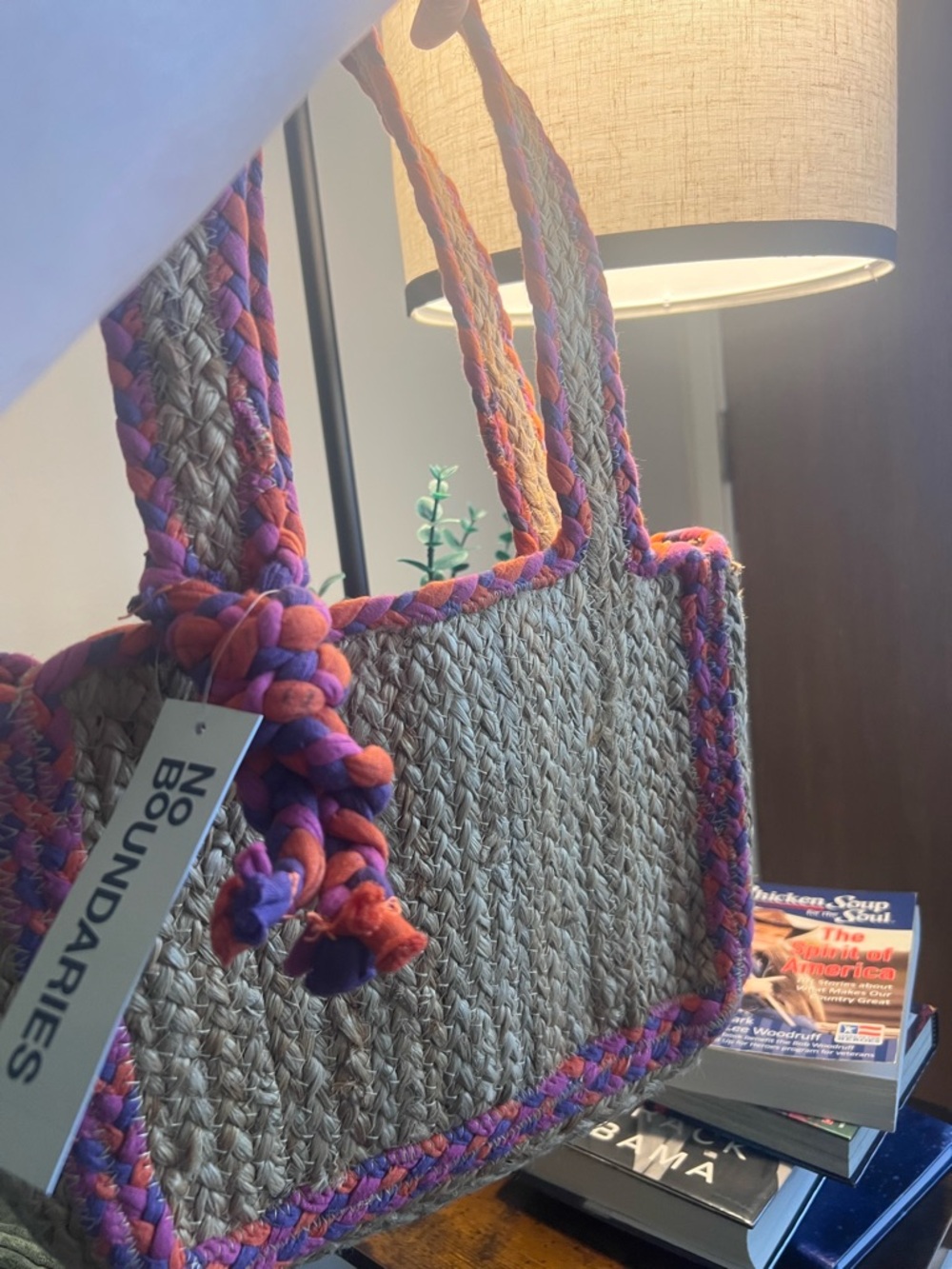 No Boundaries Straw Tote with Pink & Purple Trim